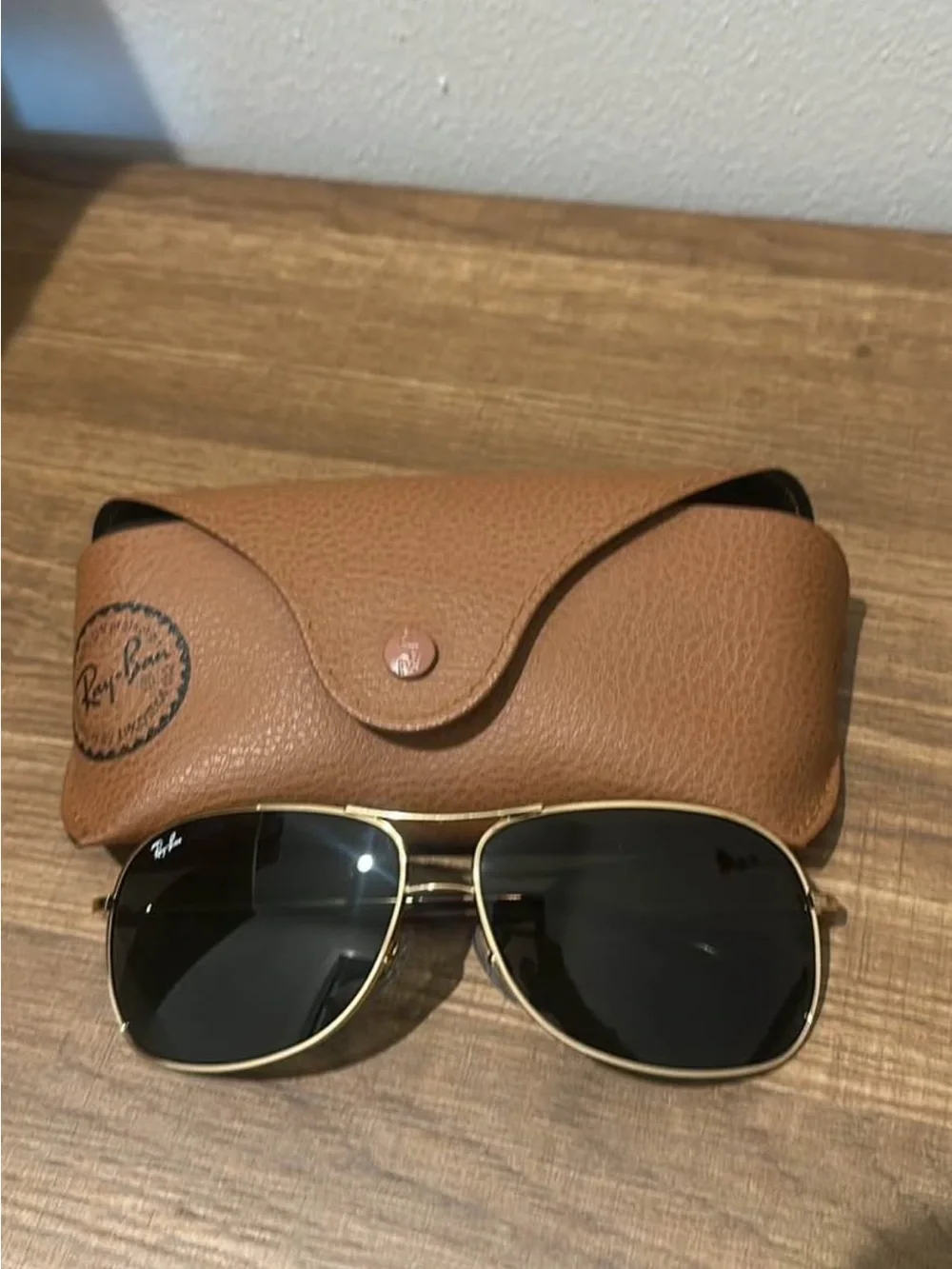 Ray-Ban Gold Frame Sunglasses with Black Lenses and Brown Case